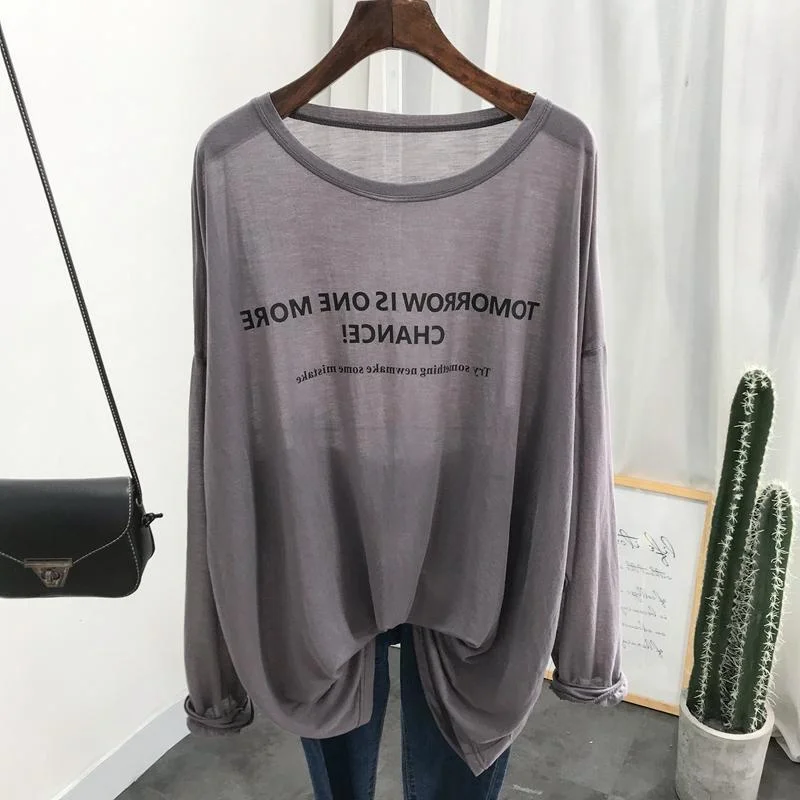 plus Size Sun Protection Long Sleeve T-Shirt Loose Knitted Ice Silk Thin Air Conditioning Top Women's Fashion Summer Shirt