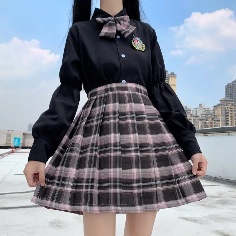 Rok lipit pinggang tinggi wanita, rok Mini hitam Kawaii, rok kotak-kotak lucu, rok seragam sekolah wanita musim panas