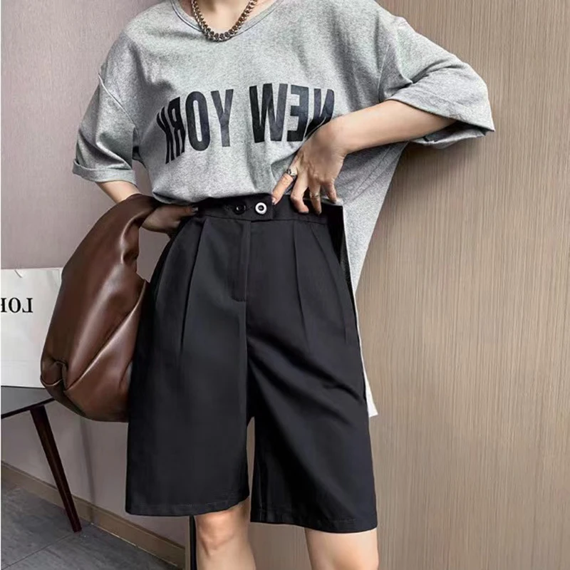 Korean Office Suits Shorts for Women Fashion Double-buttons High Waist Knee-length Pants Woman 2023 Summer Casual Short