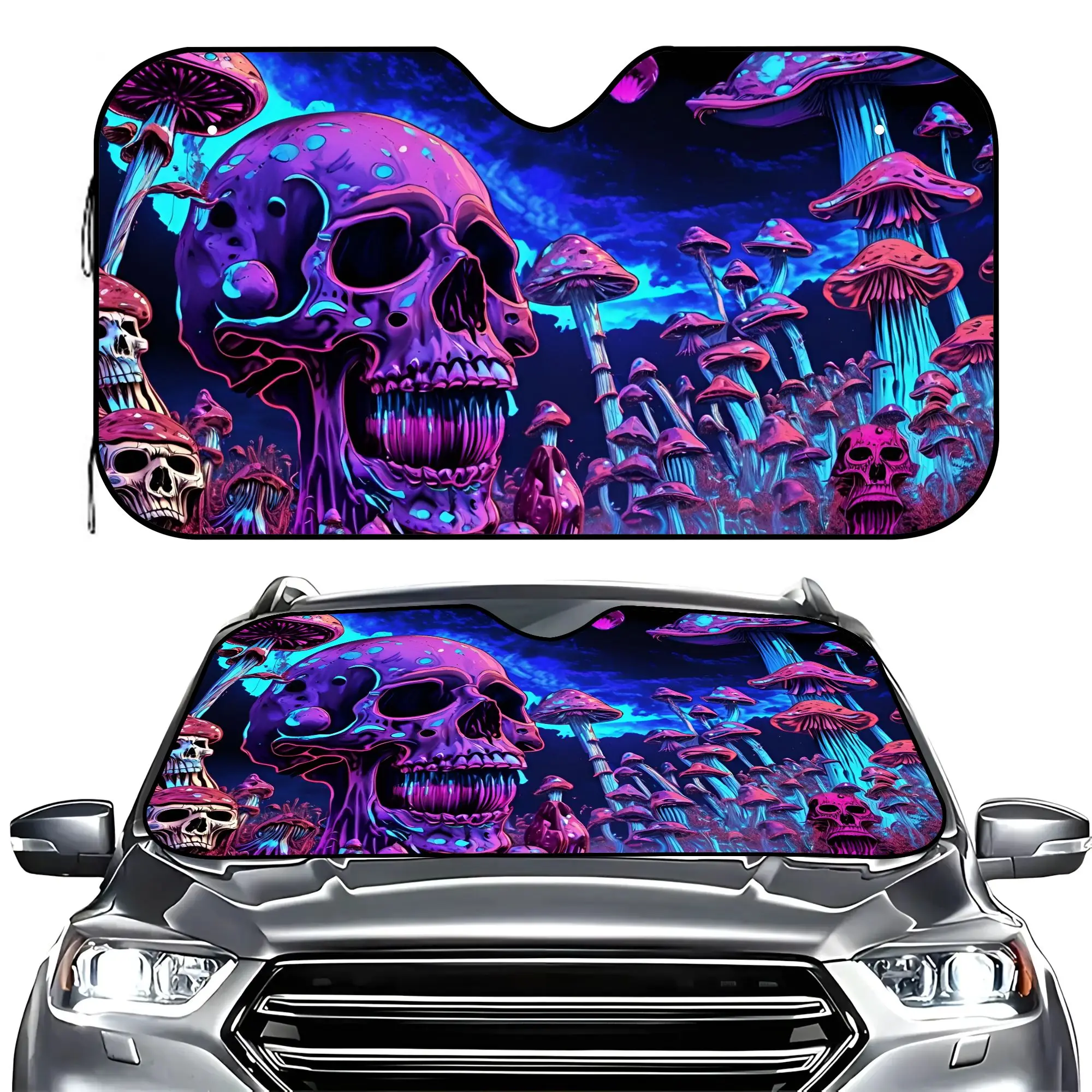 Trippy Skull Mushroom Car Windshield Sun Shade, UV Ray Reflector Folding Auto Sun Visor Keeps Vehicle Cool