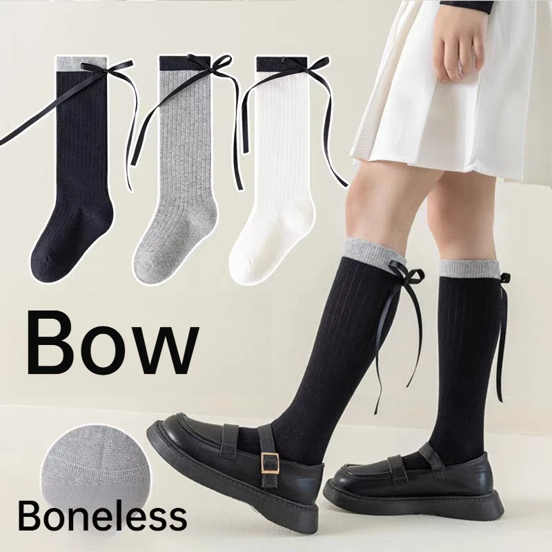 Girls' Bow Ribbon Knee High Socks,Soft Cotton Boneless Seam Calf Socks for Kids,Casual School & Uniform Wear Cute Socks