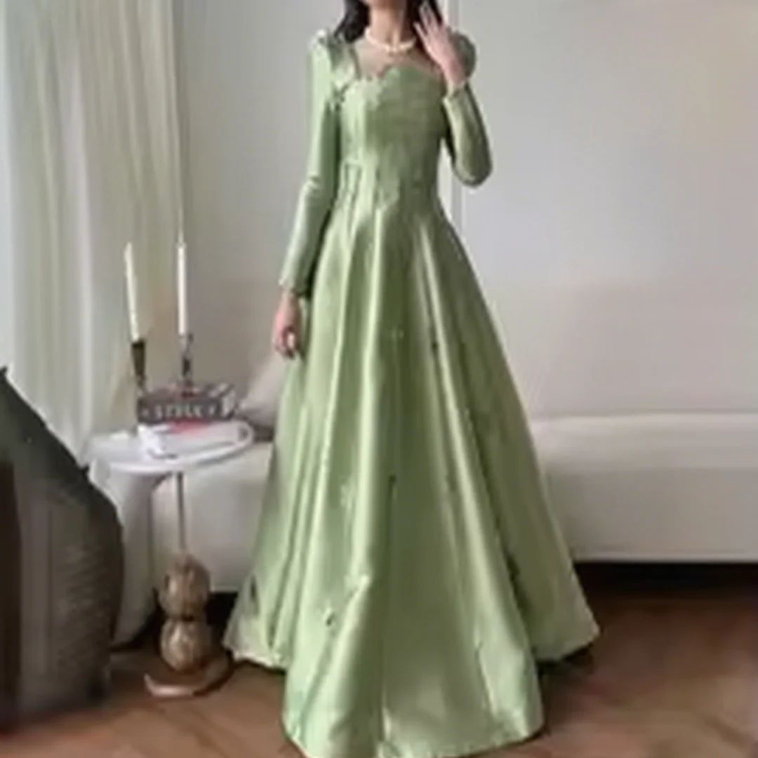 

Customized Exquisite Ruched Women Prom Dress Sexy Long Sleeve Charming A-line Floor Length Party Dress Beading Evening Gown