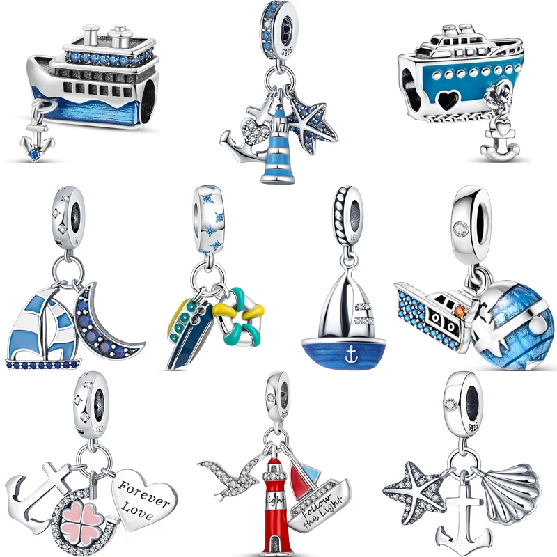 

925 Silver Ship Sailboats Anchor Lighthouse Lifeboat Lucky Pendant Blue Beads Fit Original Pandora Charms Bracelet Fine Jewelry