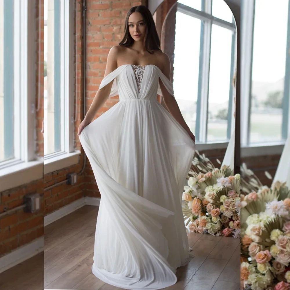 Graceful Wedding Dresses Chiffon Bridal Gowns Off The Shoulder A-Line Robes For Formal Party Simple Backless Vestidos De Novia