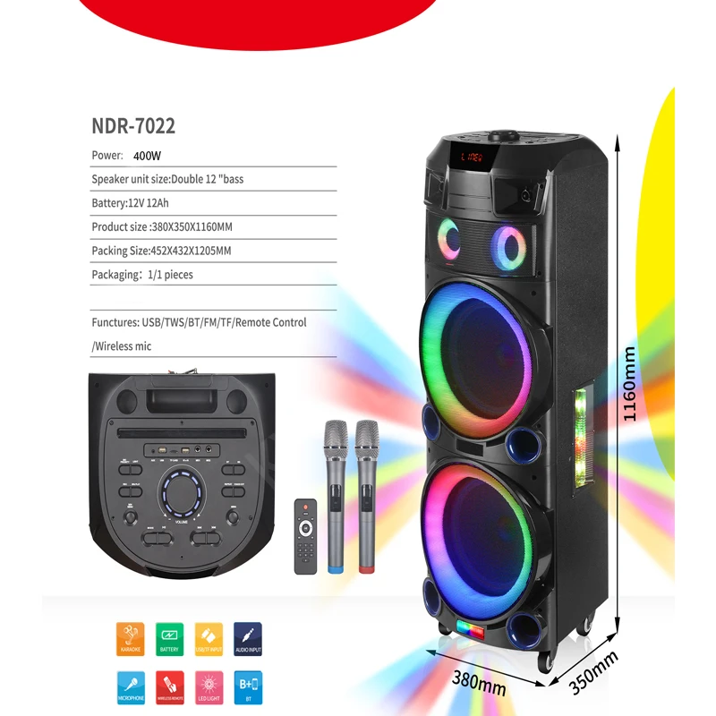 400W 12 Inch Subwoofer Active Speaker Wood Box Outdoor Audio Portable Home Blueteeth Stereo Loudspeaker Music Player Led