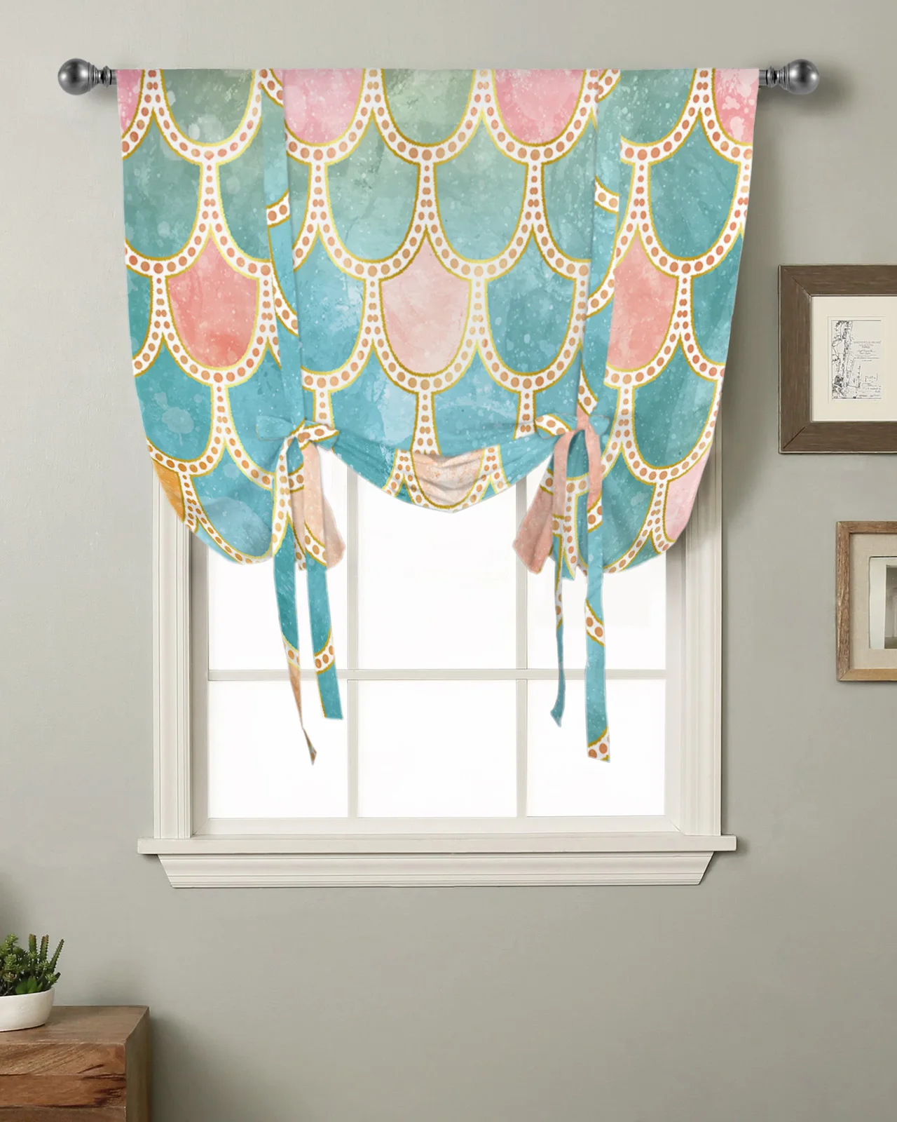 Fantasy Mermaid Fish Scale Pattern Window Curtain for Living Room Roman Curtains for Kitchen Cafe Tie Up Short Drapes