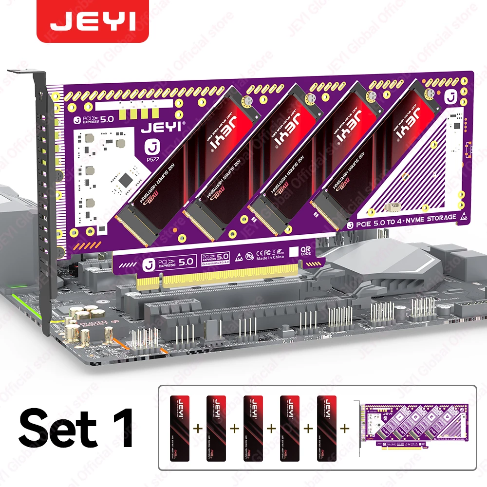 JEYI PCIe 5.0 X16 Quad M.2 uitbreidingskaart - 4-bay NVMe RAID 0/1/5/JBOD | 512 Gb/s Snelheid | 8TB per SSD | PCIe 4.0/3.0-compatibel