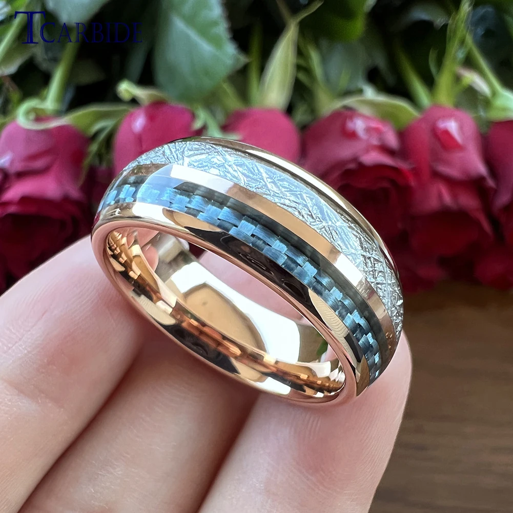 8MM Men Women Tungsten Wedding Band Rings With Blue Carbon Fiber And White Meteorite Inlay Comfort Fit