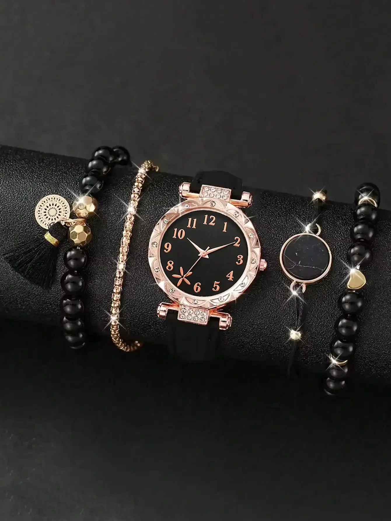 

5 шт./компл. круглых кварцевых часов, ремешек из искусственной кожи, стрелок из сплава, корпусов для часов из сплава и браслетов из сплава