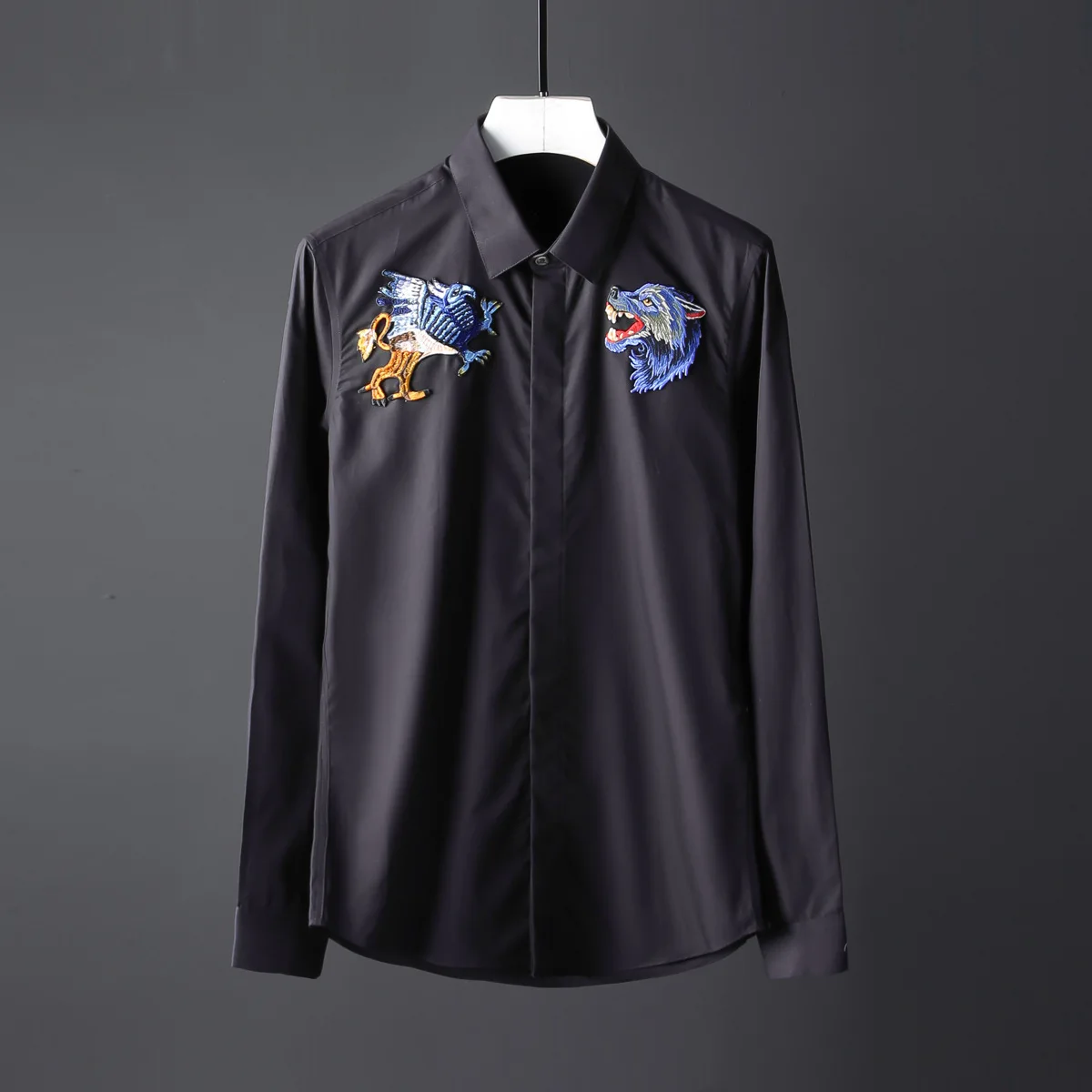 

Handmade embroidered wolf head long sleeved shirt for men, slim fit trendy brand youth shirt, one piece hair replacement
