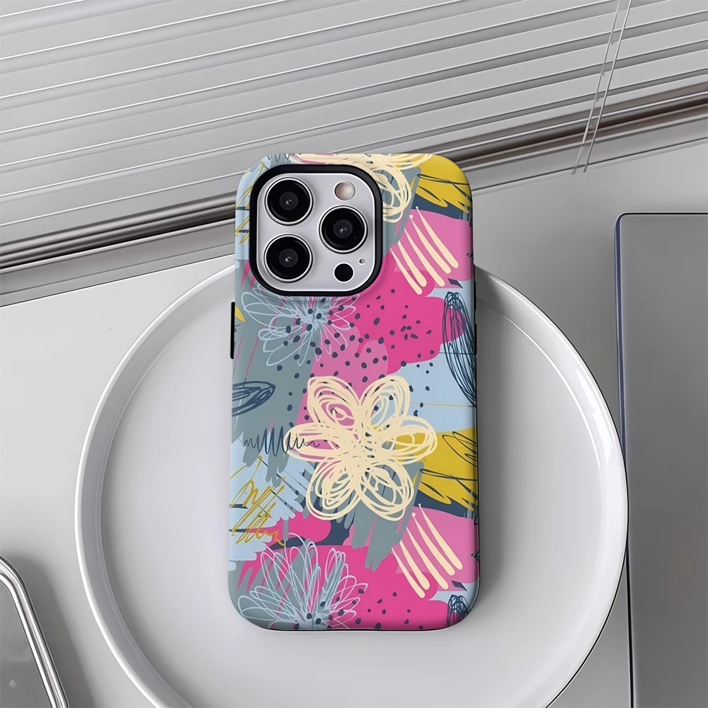 추상적인 꽃무늬 아이폰17 필수템 폰케이스 아이폰 17 16 15 14 13 12 11 프로 맥스 플러스 이중 레이어 백커버