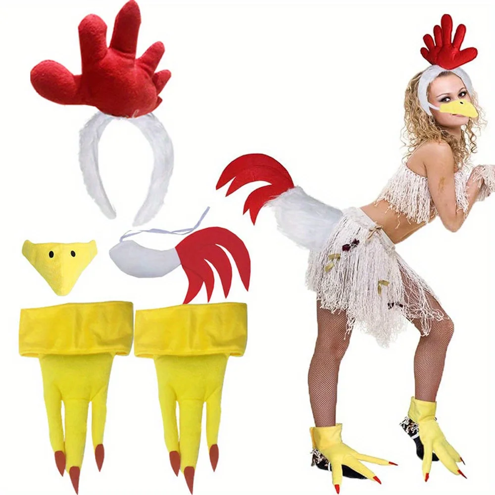 Accesorios para disfraz de pollo y gallo, diadema con peine de gallo, cola de pollo, máscara para la nariz con pico de gallo, zapatos para disfraz de patas de pollo