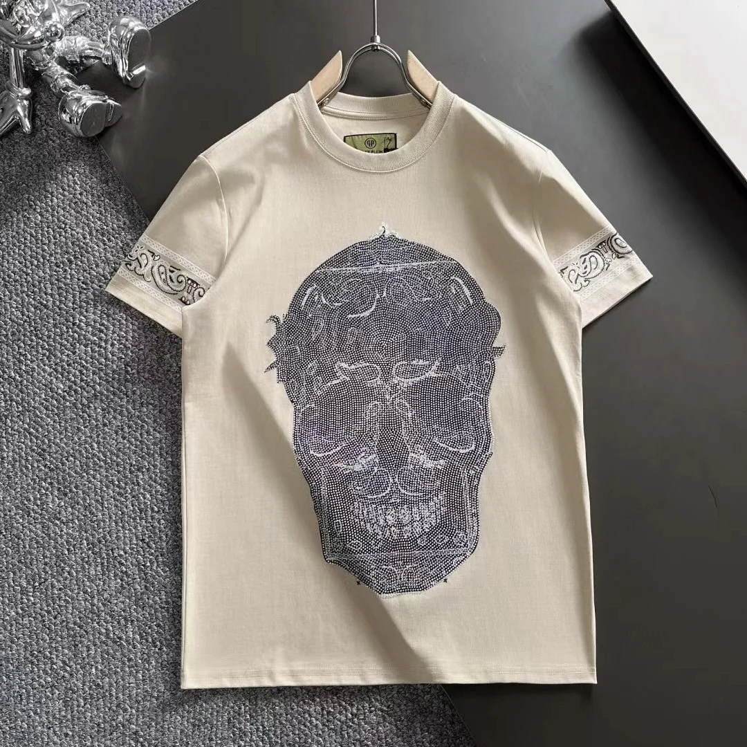 Alex Plein Skulls Rhinestones Crystal Streetwear Men\'s Fashion Clothing Crew Neck 2024 Summer Short Sleeve Couple Cotton Tshirt