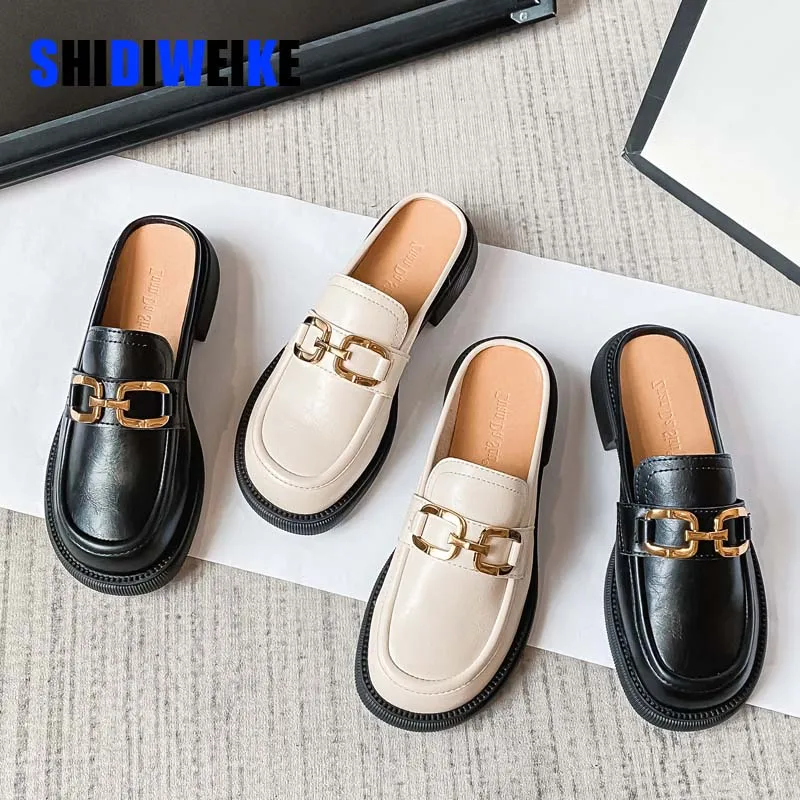 

Genuine Leather Women's Summer Closed Toe Slippers Outer Wear Ladies Fashion Slip on Mules Shoes Low Heel Platform Beach Sandals