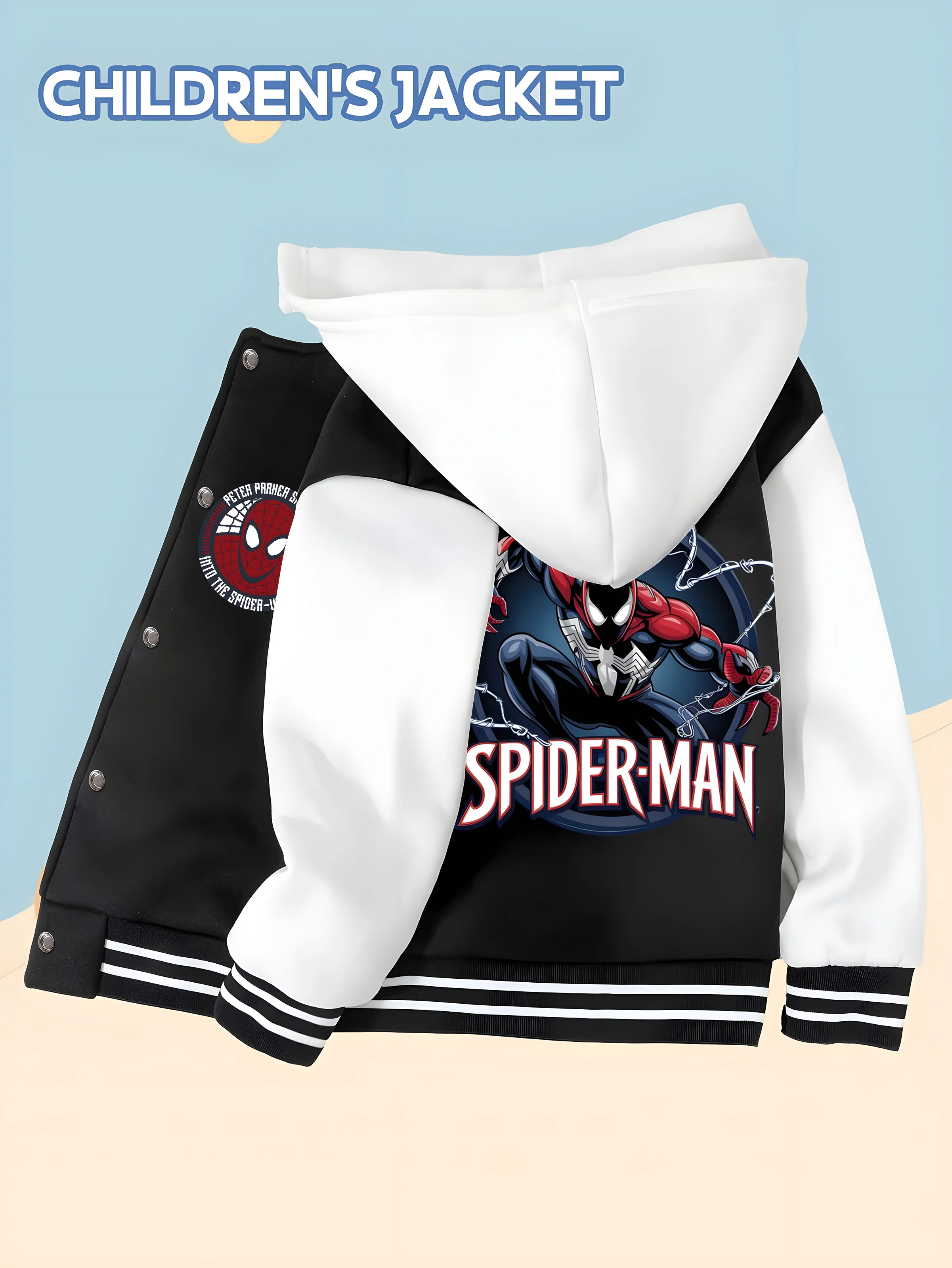

MINISO Marvel Spider-Man Flash Suit Children's Baseball Jacket - Trendy black and white, soft skin-friendly fabric, autumn and w