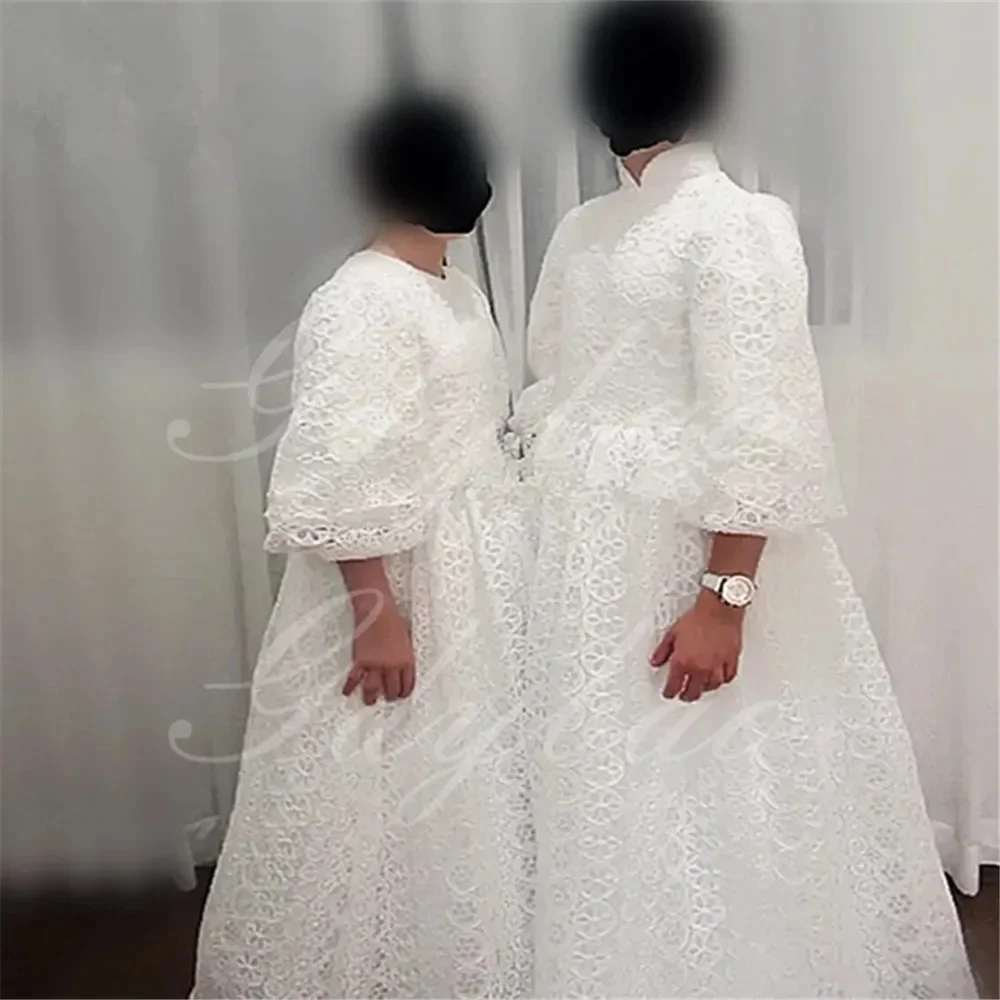 

Customized Ivory Flower Girl Dresses For Wedding Milk Lace Floor Length Elegant Kids Birthday Party First Communion Banquet Gown