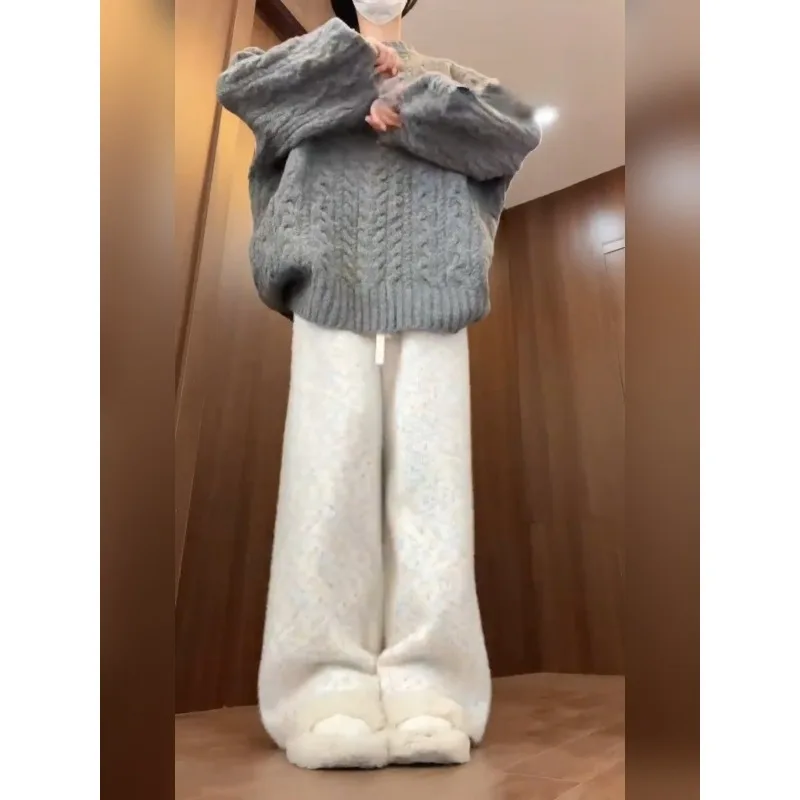 White Glutinous Rice Pants Women Spring and Autumn 2024 New High Waist Drape Casual Small Fleece-lined Winter Knitted Wide-Le...