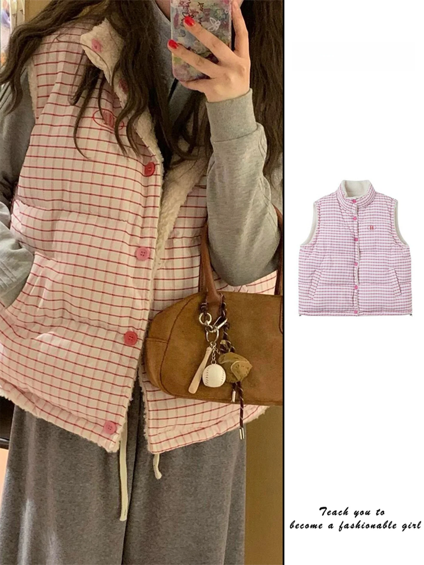 

Thiened American Plaid Print Cotton Jaet Women's Winter College Sle Double-Sided Wear Lamb Fur Vest Cotton Coat