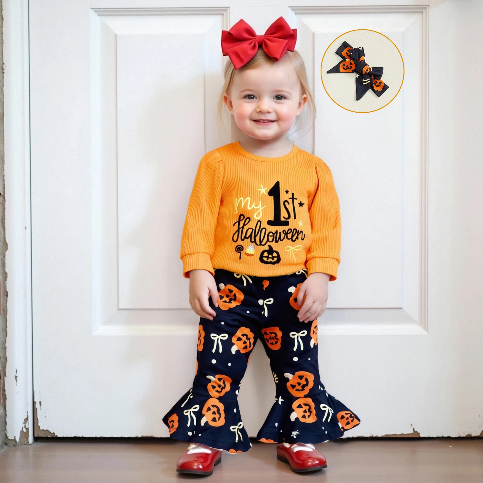 

Baby Clothing Girls Halloween Outfits Letter Embroidery Long Sleeves Romper and Pumpkin Print Flared Pants Headband Set