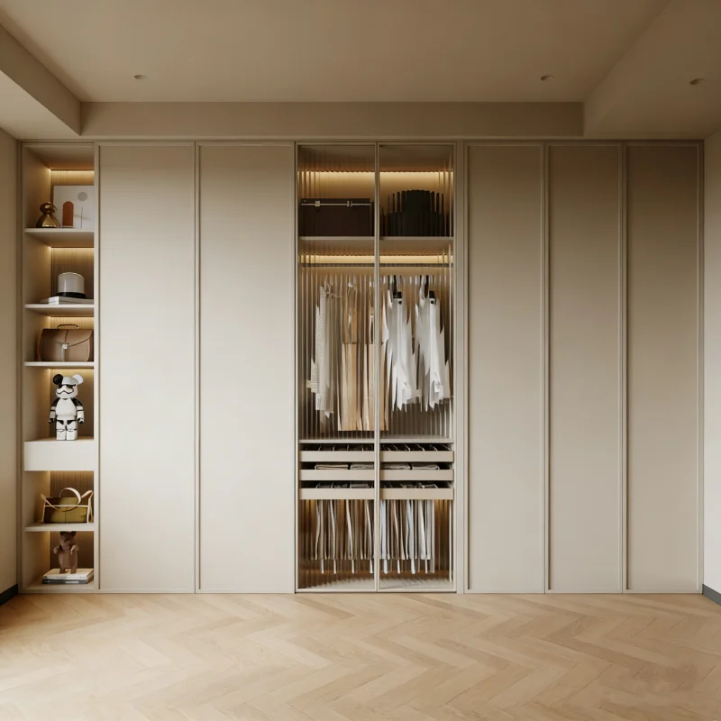 &Customized Light Bag Display Cabinet Glass Door Hanging Clothes Area Display Cabinet With Line Swing Door