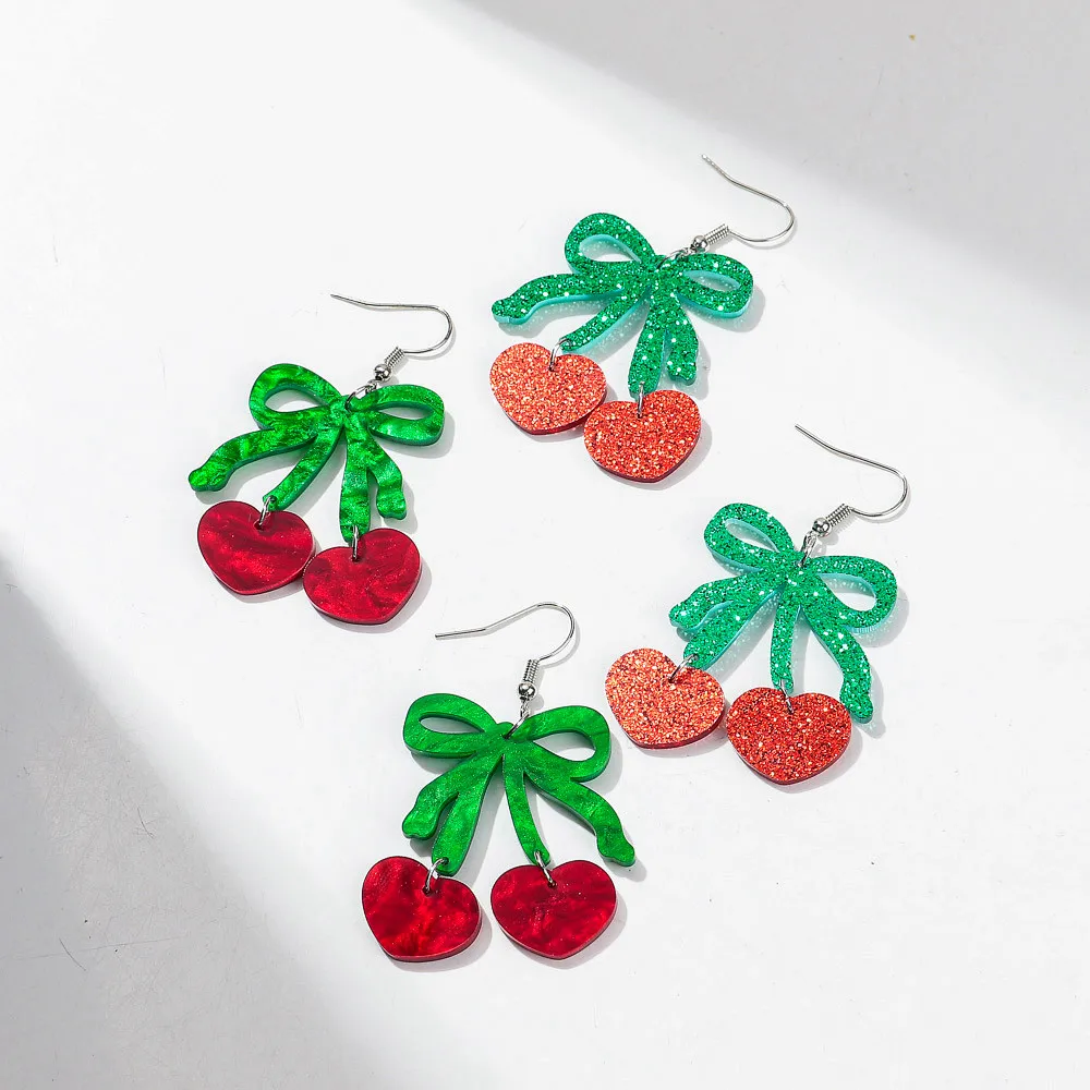 New Glitter Red Love Cherry Acrylic Drop Earrings for Women Cute Bowknot Heart Cherry Fruit Earring Valentine's Day Jewelry Gift