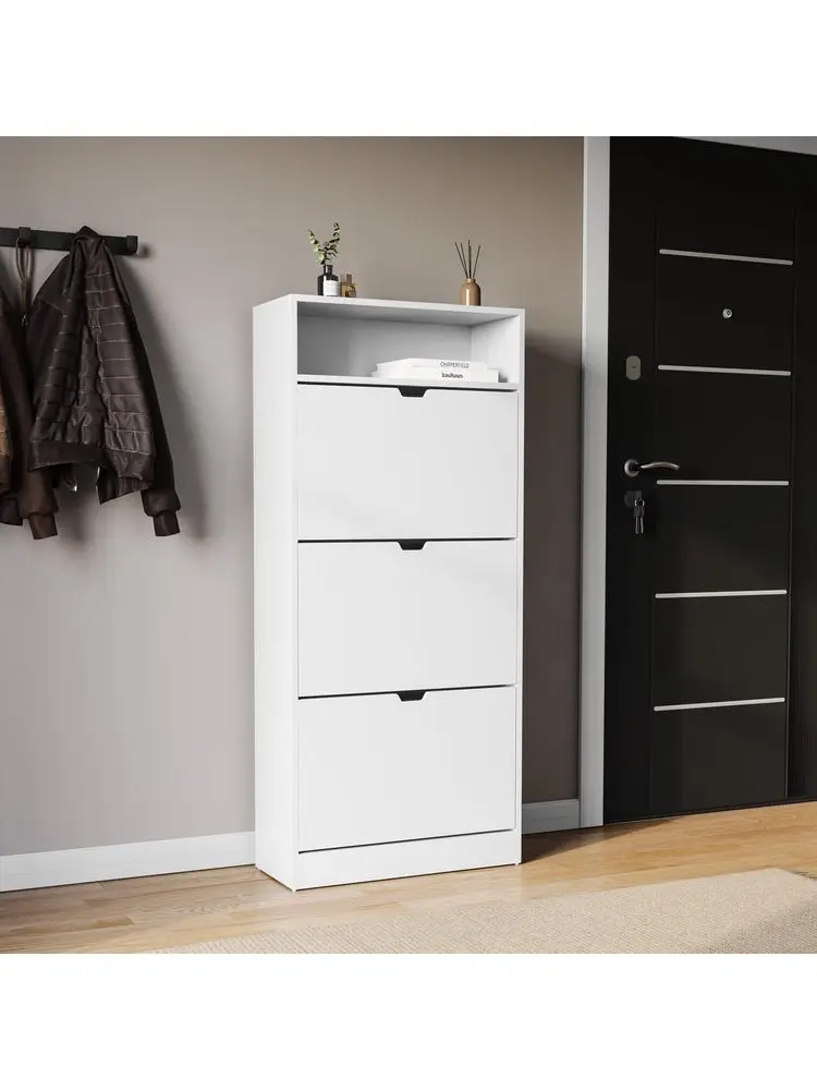 3 Drawer Shoe Cabinet with Shelf White Slim SpaceSaving Storage for 15 Pairs 132H x 60W x 24D cm AntiTip Modern Hallway Unit