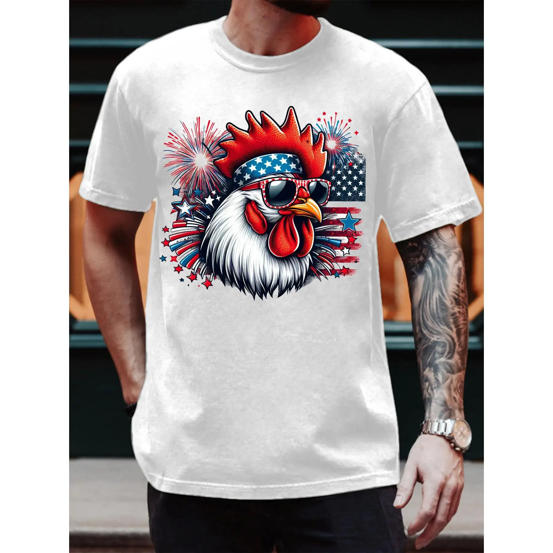 

Funny American Flag Rooster T-shirt Men's USA Patriotic Chicken Graphic Tee Summer Casual Streetwear Oversized Cotton Top