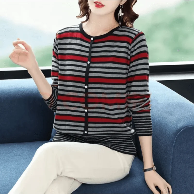 Autumn and Winter Pullover Women Trendy Basic All Match Stripe Round Collar Long Sleeve Button Round Collar Loose Casual Sweater