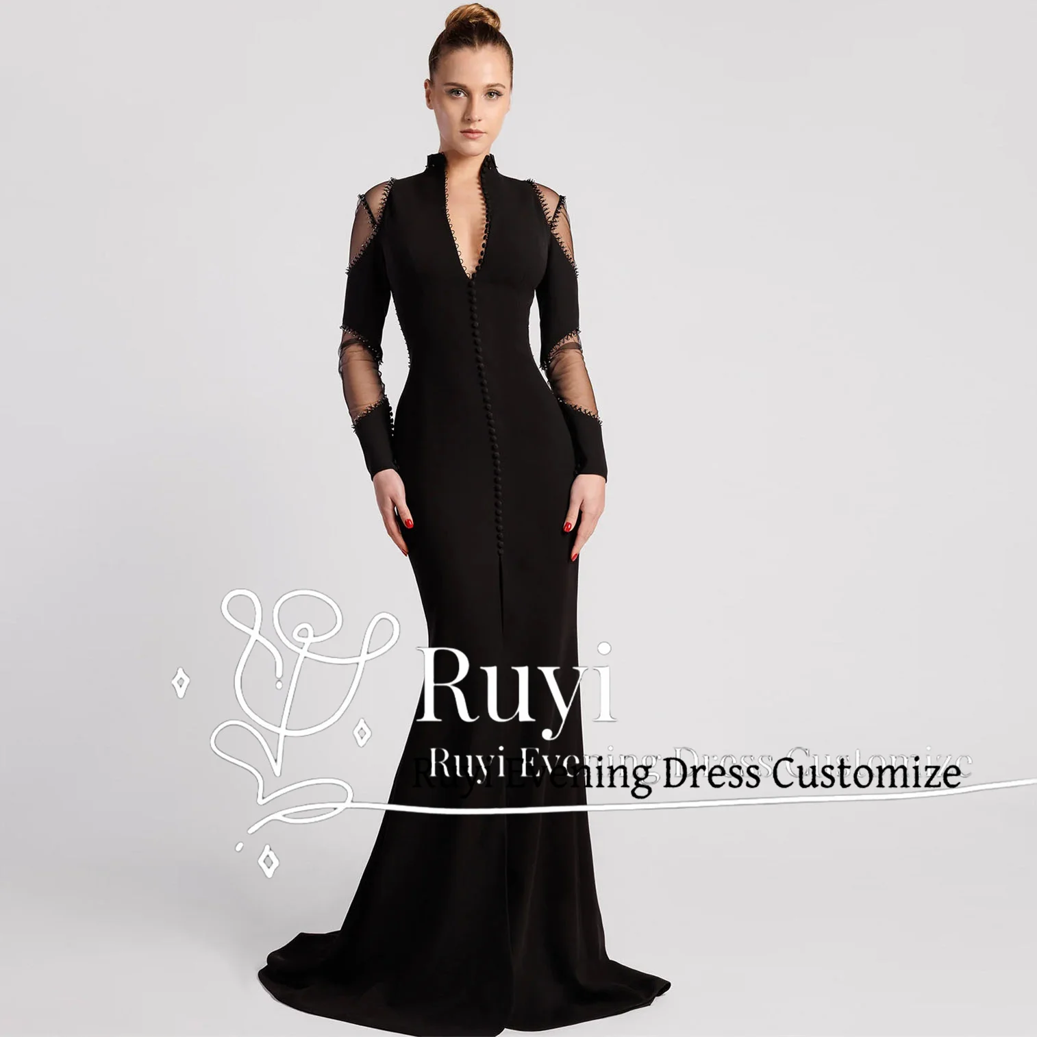 Customized V-neck Sexy Elegant Beaded Prom Dress Back See Through Long Sleeves Mermaid Buttons Formal Occasion Evening Dress