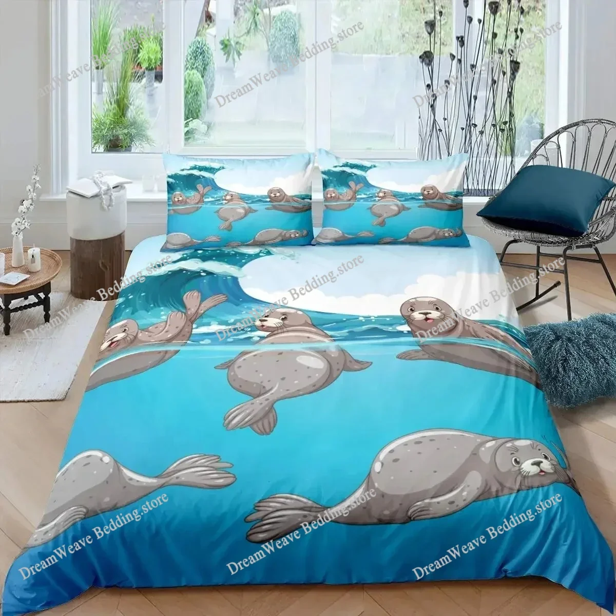 

Seal Duvet Cover King Size Lovely Swimming Seal Bedding Set Cute Ocean Exotic Style Marine Life Polyester Comforter Cover