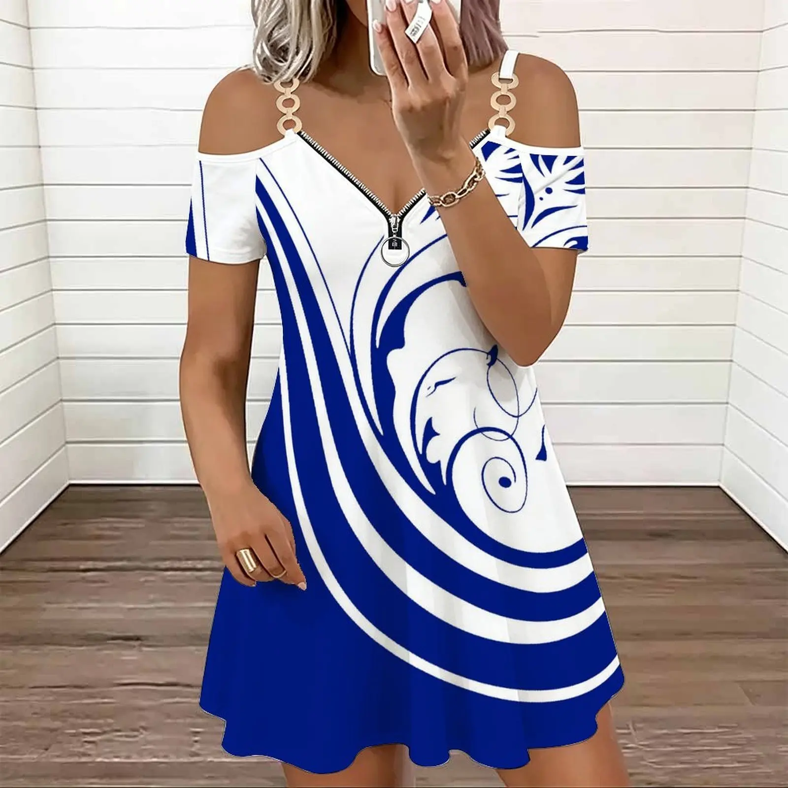 Fashion Casual Female Cold‑shoulder Double Strap V‑neck Zipper Tight Dress Retro Elegance Mini Skirt  Sexy Slim Dress