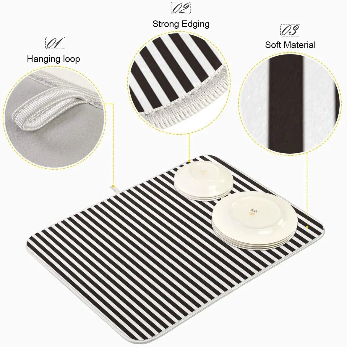 Black Striped White Dish Drying Mat for Kitchen Absorbent Microfiber Drying Pad Dish Mat 24\