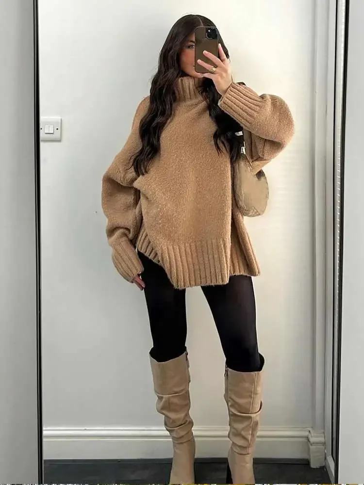 Elegant Khaki Turtleneck Knitted Pullover Sweater Women Casual Loose Long Sleeve Twist Knitwear 2024 Autumn New High Streetwear