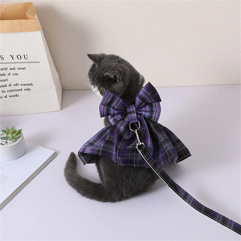 Cute Fabric Plaid Dress Dog Harness Puppy Bowknot Jk Dress Skirt Belt Pet Clothes Outside Harness Leash Dog Dress Set for Dogs