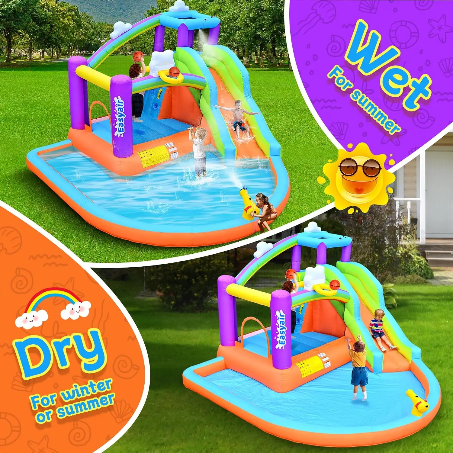 Inflatable Bounce House for Kids, 12.8 FT x 12 FT Water Slide Bouncy Castle, Rainbow Cloud Splash Pool, Jumper, Climbing Wall, 2 view 5