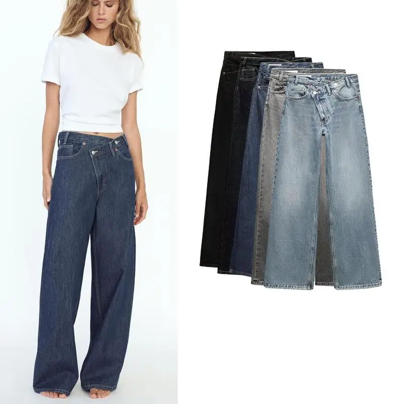 Herbst Winter Damen Vielseitige Jeans mit hoher Taille und weitem Bein, gerade geschnittene Hose, zweireihige, lässige SLE-Denim-Hose