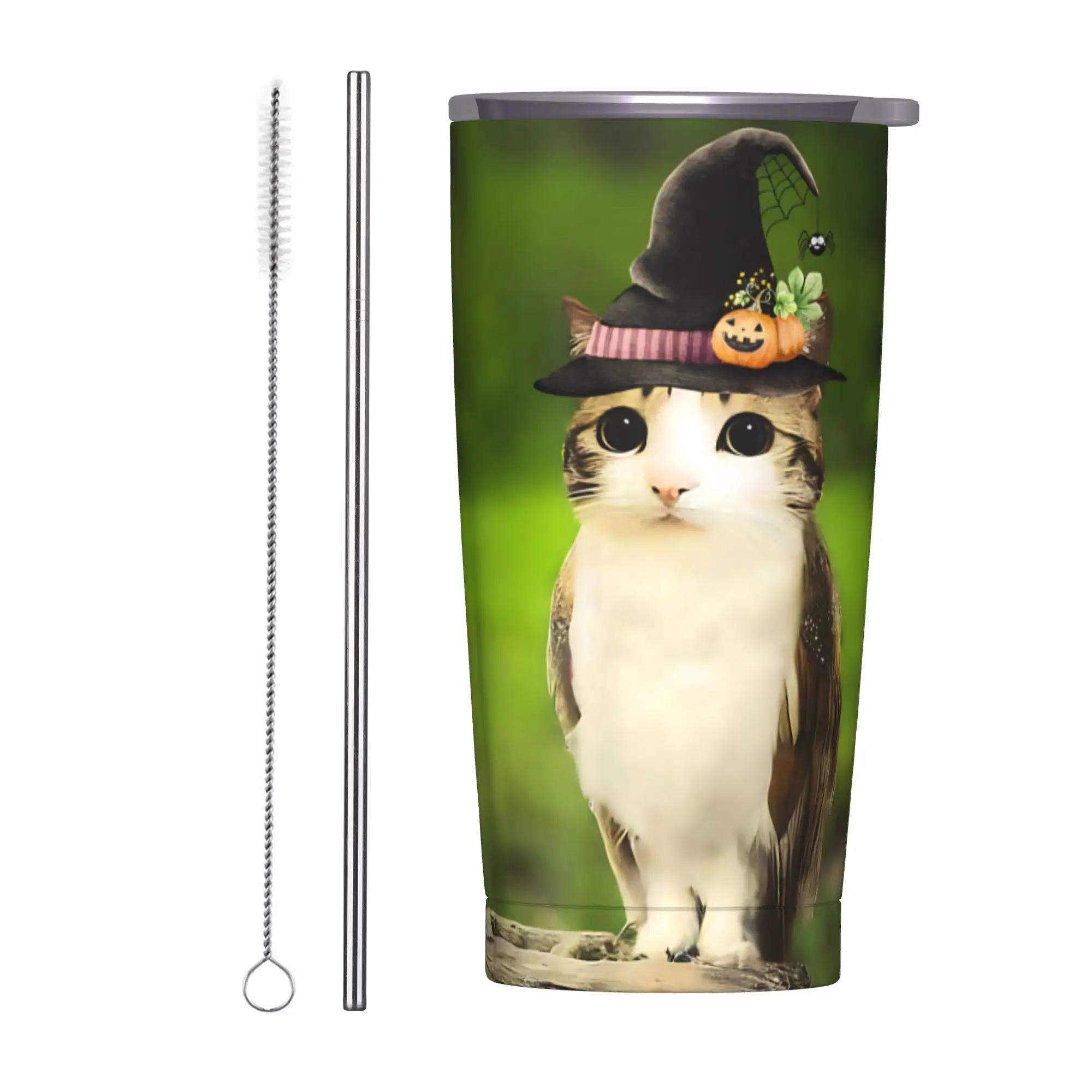 Meowl Wizard Cat Owl Tumbler Vacuum Insulated  Coffee Cups Vacuum Flask Smoothie Tea Mugs Water Bottle, 20oz