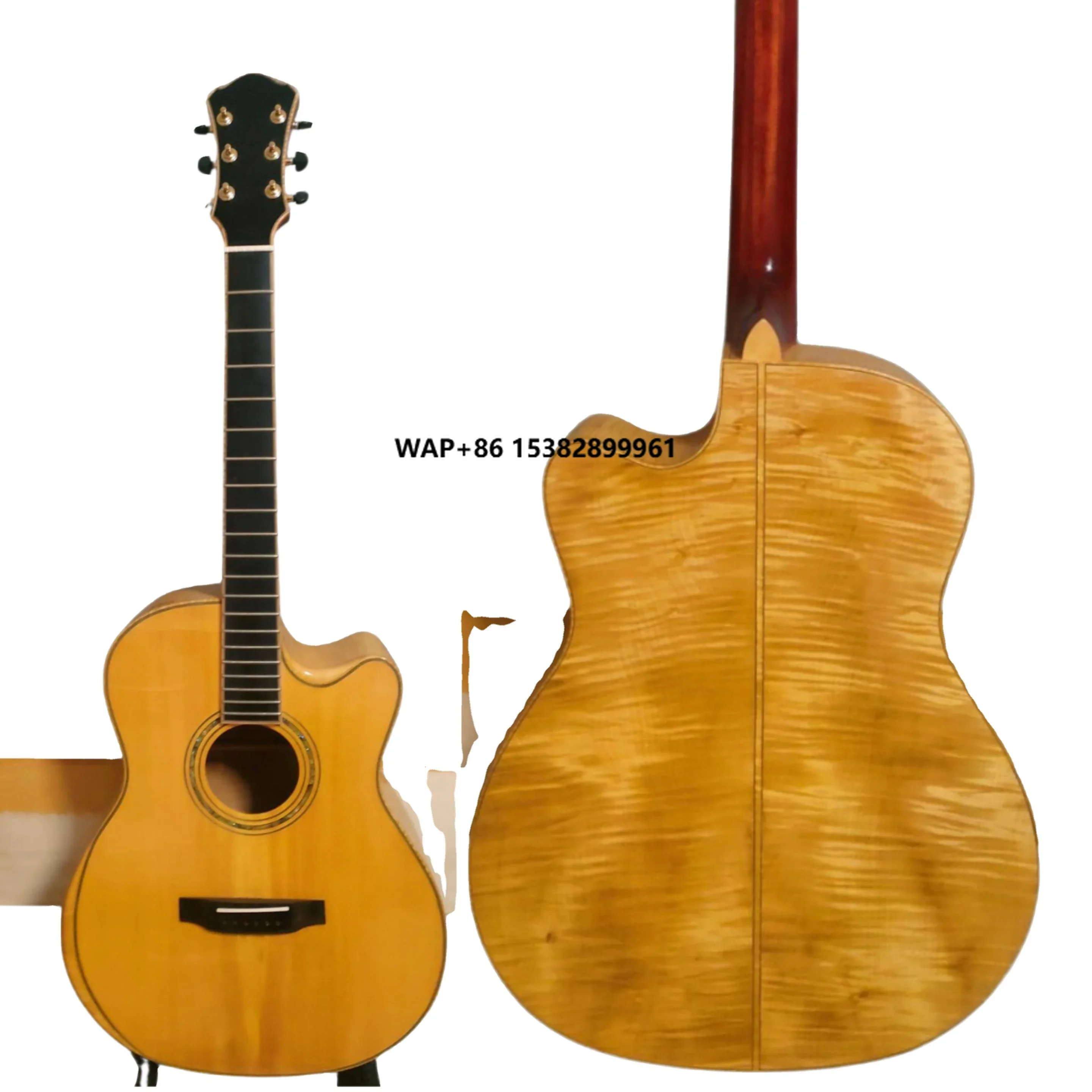 Yunzhi Handcrafted Flat Classical Guitar Solid Maple Carved with Ebony Fingerboard Good Stock Acoustic Guitar