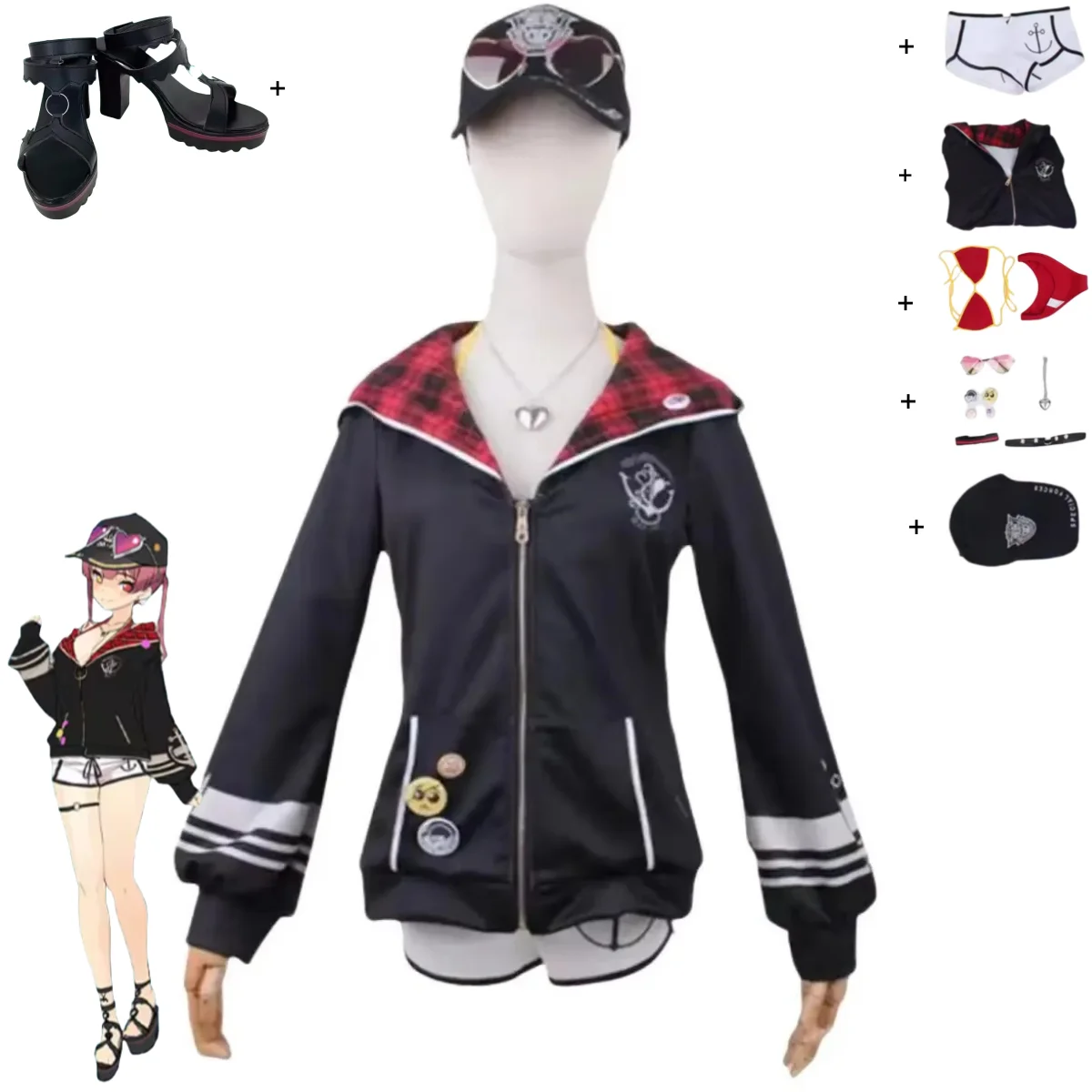 Anime Youtube Hololive Houshou Marine Cosplay Kostuum Kapitein Bikini Badpak Badmode Schoenen Pruik Vrouw Sexy Zomerdag Strand Set