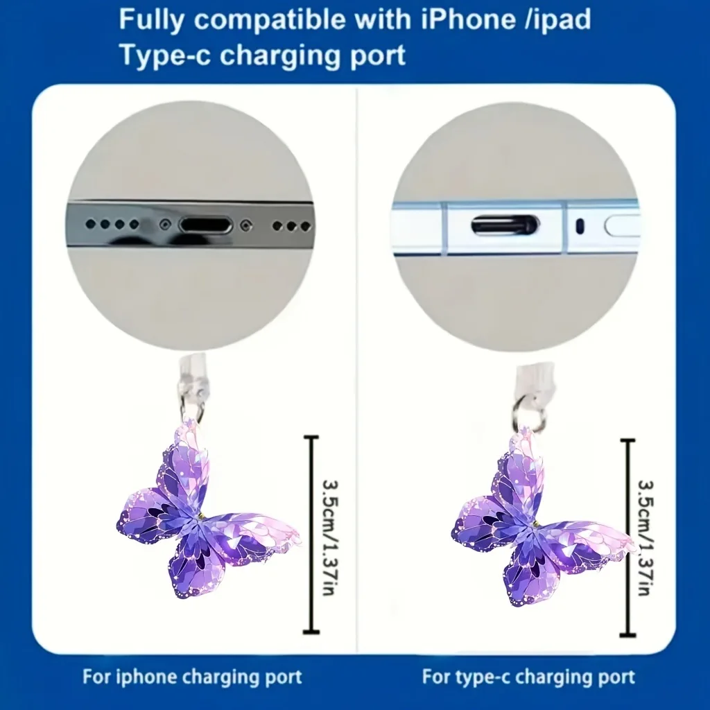 الاكريليك فراشة الغبار المكونات عالية الجودة الكرتون الهاتف الغبار التوصيل نوع-C الغبار التوصيل قلادة ديكور لملحقات الهاتف