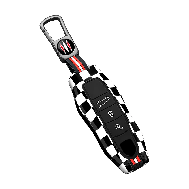 Racing checkered flag car key cover, suitable for Porsche Cayenne/Macan/911/Panamera protective key modification shell bag