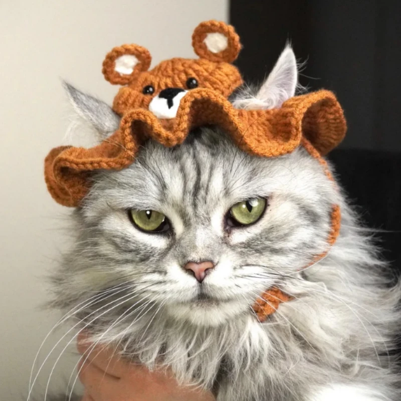 Brown Bear Crochet Hats for Cats and Small Dogs Special Gifts Handmade Gifts Crochet Cat Hat Pet Hat for Cats  Pet Accessories