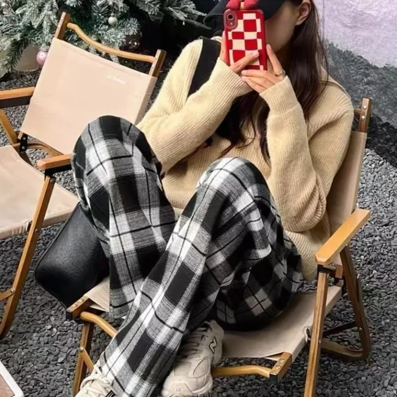 Korean Style Vintage Harajuku Loose Plaid Pants Women Spring Autumn Unisex Couple Casual Wide Leg Trousers Y2k Streetwear Kpop