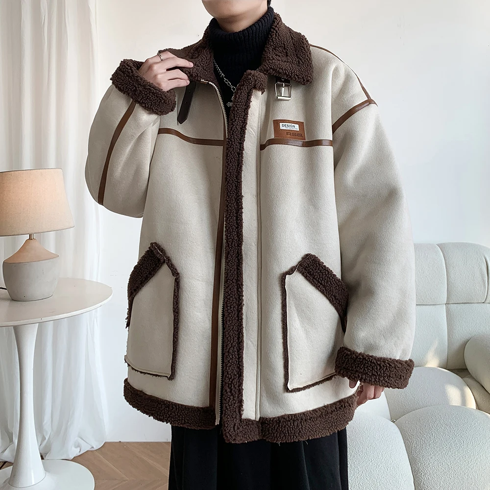 2025 Autumn Winter New American Retro Men's Thickened Fleece Coffee Color White Black Loose Casual Lamb Wool Jacket