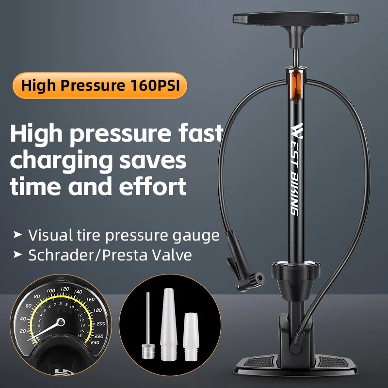 WEST BIKING 160 Bicycle Floor Pump With Pressure Gauge Labor-Saving Aluminum Alloy Tire Inflator For MTB Road Bike E-Bike