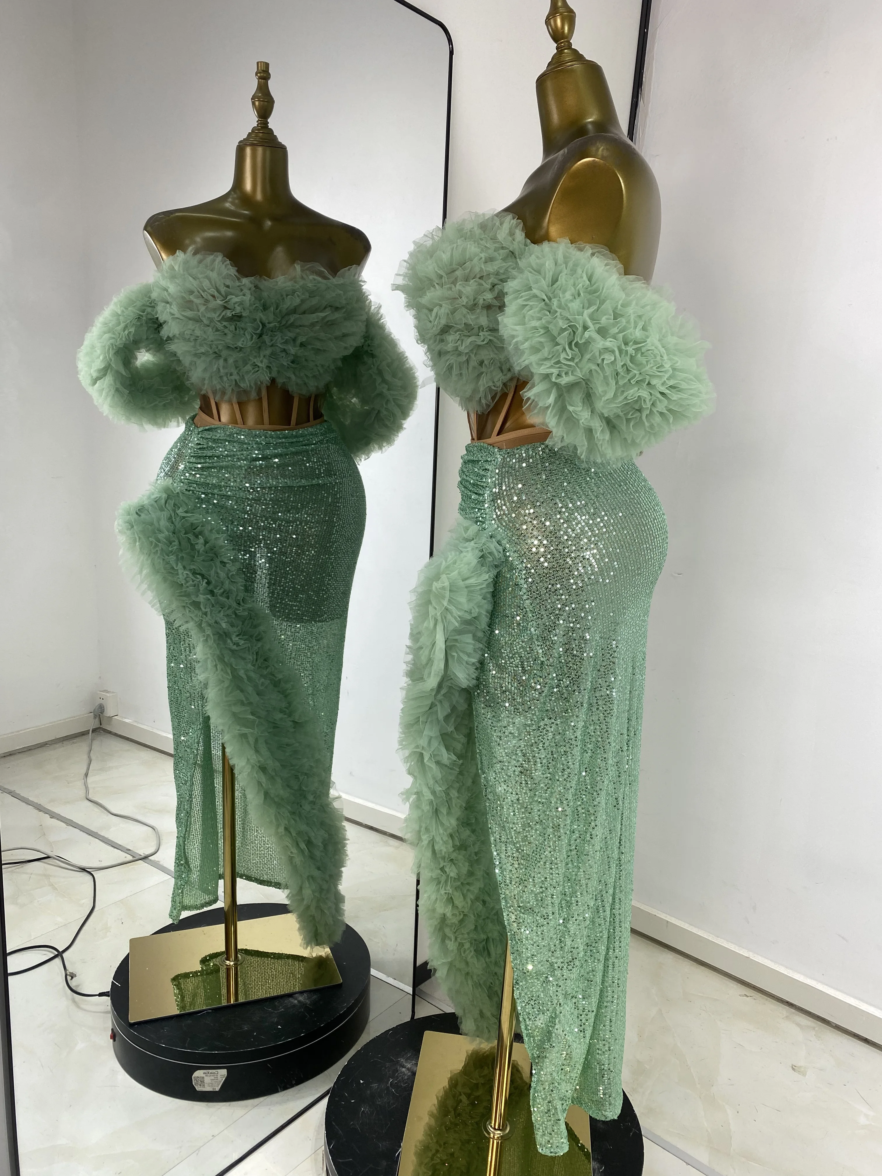 Women Puff Outfits Evening Club Party Off Shoulder Corset Top And Long Asymmetric Sequines Skirt Birthday Photoshoot Dress