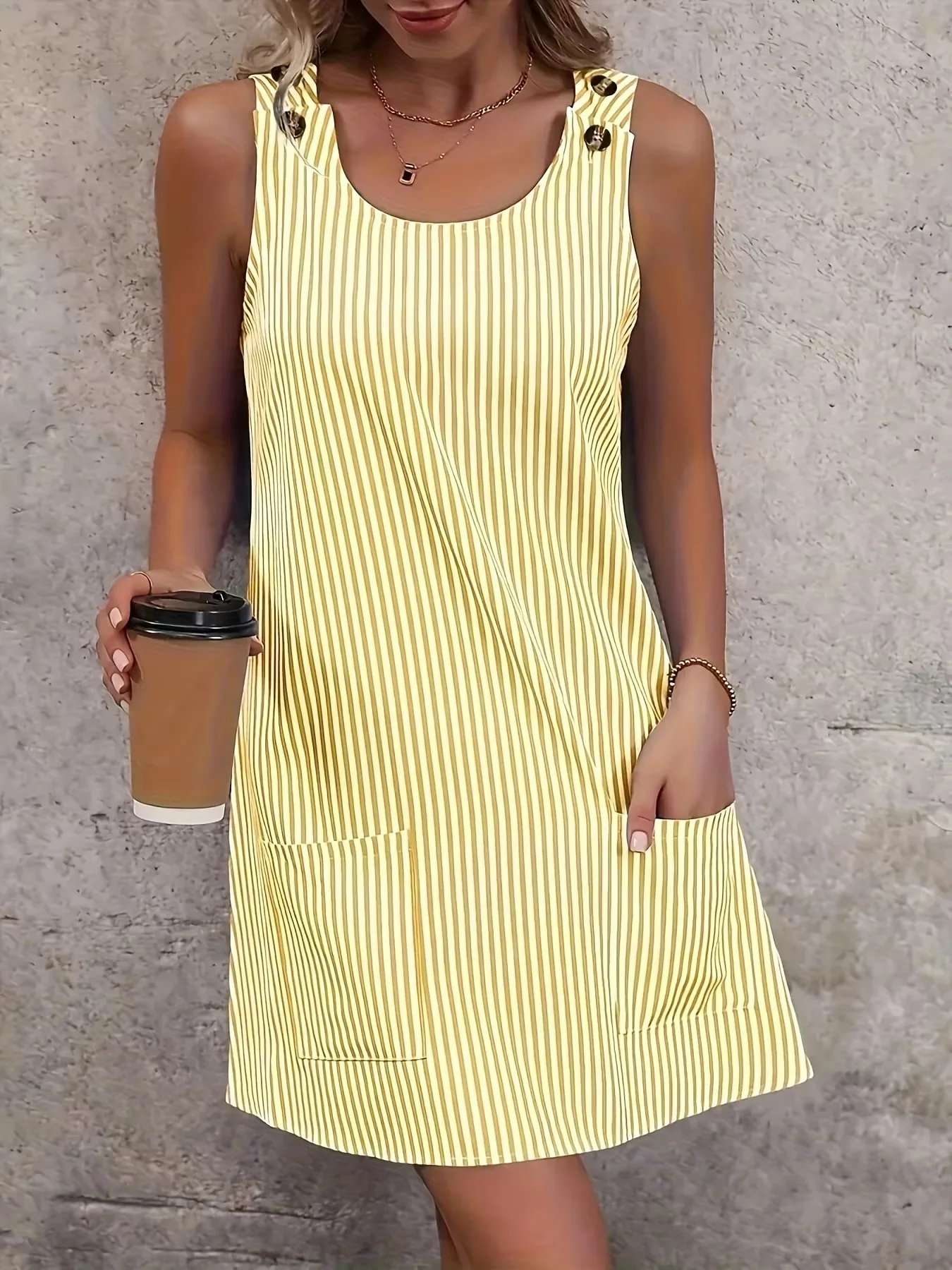 Vestido feminino sem mangas evasê com bolsos – Vestido casual longo listrado amarelo e preto vibrante, gola redonda, lavável à máquina, S