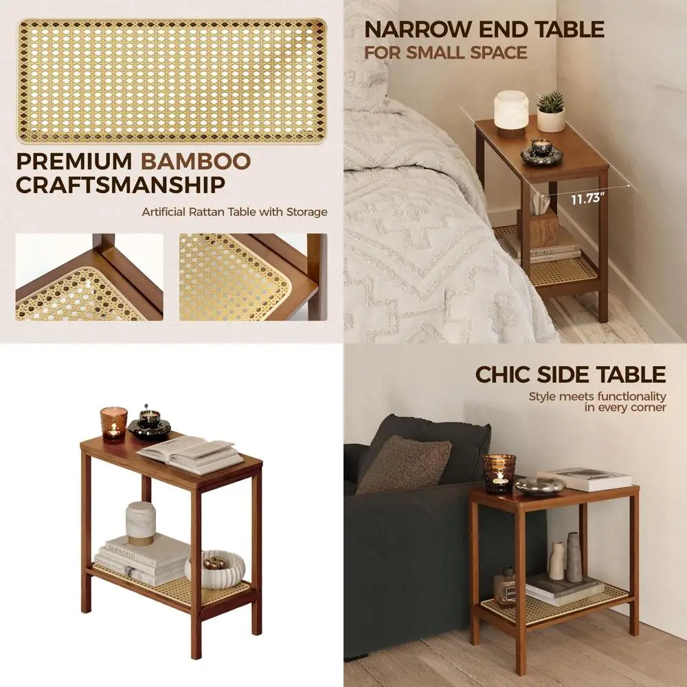 

Mid-Century Rattan 2-Tier End Table for Small Spaces: Boho Bamboo Nightstand with Storage