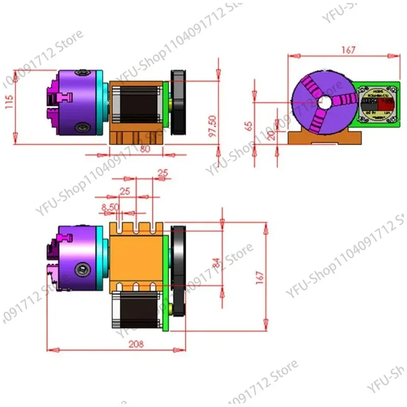 ชุดหัวจับเครื่องกลึงสามสี่แกน (แกนหมุน, หัวแบ่ง CNC) หัวเจาะ100มม. (เพลากลวง)