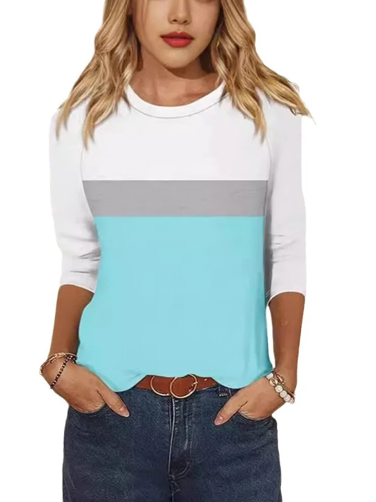 

Color Blo round Ne ort Sve T-irt Women's Top Casual Sle Knitted Summer Faion Creative Pattern Splice Design